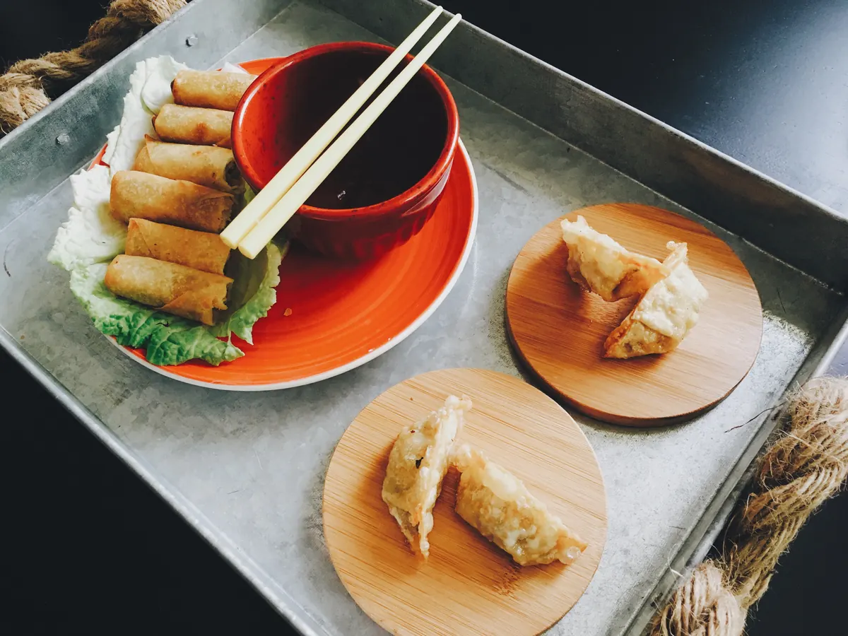 Spring rolls and dumplings on a tray with dipping sauce
